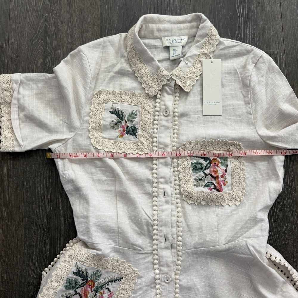 Calypso St Barth NWT Linen Blend Crochet Belted Shirt Dress Bird Resort Luxury - Picture 10 of 14